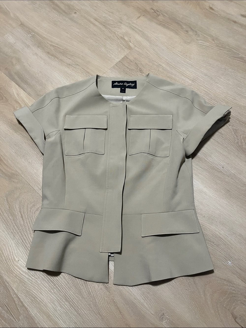 Sandra Angelozzi Utility Peplum Khaki Jacket Short Sleeves Size 34